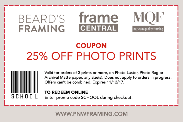 Coupon terms: Valid on orders of 3 prints or more, any size(s), on Photo Luster, Photo Rag or Archival Matte paper. Does not apply to orders in progress. Offers can't be combined. Expires 11/12/17. Valid at Beard's Framing, Frame Central and Museum Quality Framing shops. To redeem online enter promo code SCHOOL.